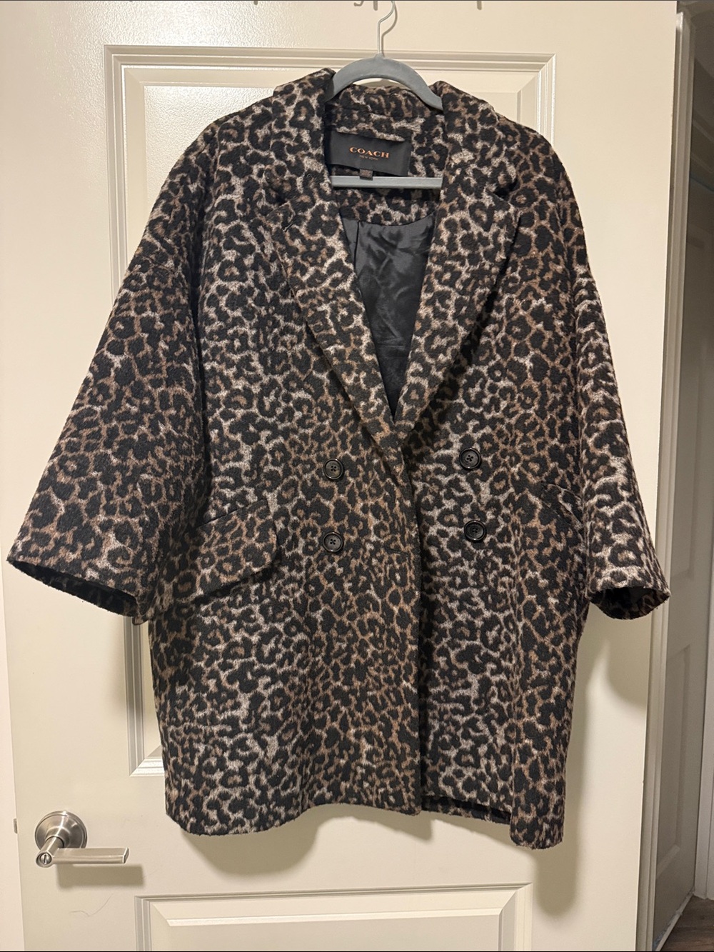 Coach Leopard Print Double-Breasted Wool-Blend Coat — Brown & Black